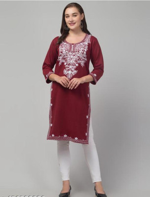 ASAD GARMENTS Women Chikan Embroidery A-line Kurta(White, Red)