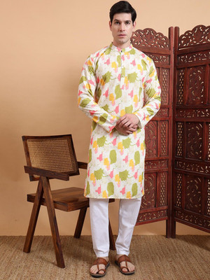 House of Pataudi Men Printed Straight Kurta(White)