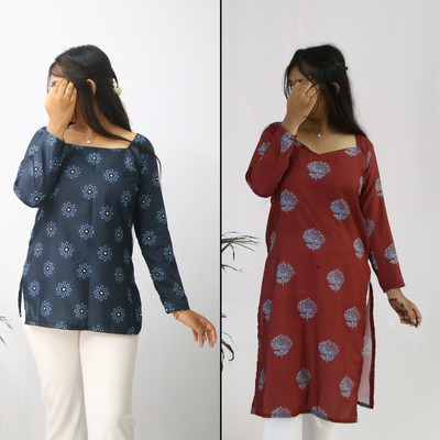 aanzri Women Floral Print A-line Kurta(Dark Blue, Maroon)