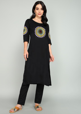 Anvi creation Women Embroidered Straight Kurta(Black)
