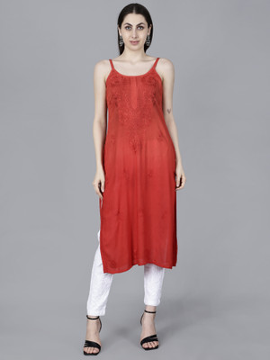 The Chikankari Story Women Chikan Embroidery Straight Kurta(Red)