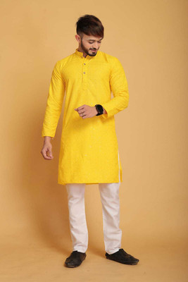 VISHESTA Men Self Design Straight Kurta(Yellow)