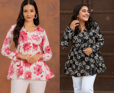 CLANGER Women Floral Print Flared Kurta(Black)