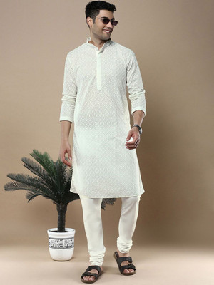 ANOUK Men Floral Print Straight Kurta(White)
