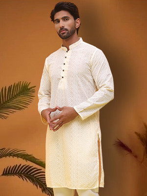 Jompers Men Embroidered Straight Kurta(White)