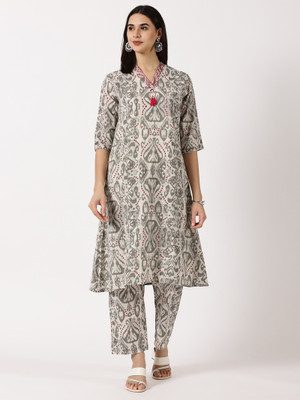 AWESPIRE Women Ikat, Printed A-line Kurta(Grey)