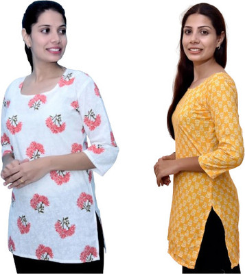 MUNDOTIYA MANUFACTURERS Women Printed Straight Kurta(Yellow, White)
