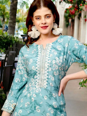 Wawlooks Women Printed Straight Kurta(Blue)