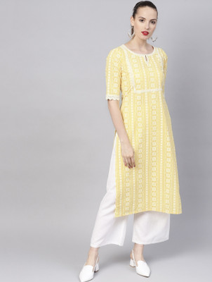 Jixpox Women Printed A-line Kurta(Yellow)
