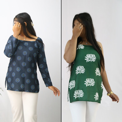 aanzri Women Printed Straight Kurta(Blue, Yellow)