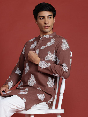 ANOUK Men Printed Straight Kurta(Brown)