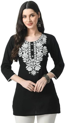 OsWorn Women Chikan Embroidery A-line Kurta(Black)