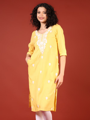 V-MART Women Self Design A-line Kurta(Yellow)