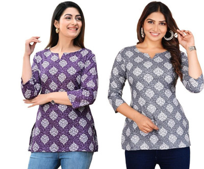 GURUFASHIONS Women Printed Straight Kurta(Purple, Grey)