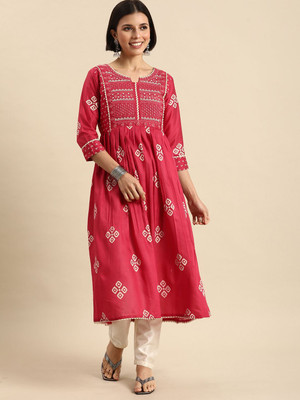 ANOUK Women Woven Design A-line Kurta(Red)