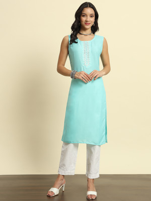 Surhi Women Embroidered Straight Kurta(Blue)