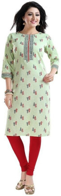Anmi Jute Cotton Printed Kurta for Everyday Wear (Pista Green) Printed Women Straight Kurta(Green)