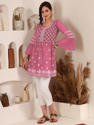 Youthnic Women Chikan Embroidery Flared Kurta(Pink)