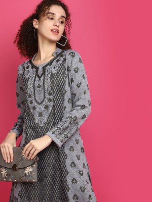 V-MART Women Self Design Straight Kurta(Grey)