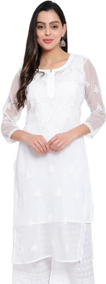 Neelam Chikan Women Chikan Embroidery Straight Kurta(White)