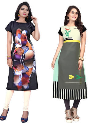 MUZZIXFASHION Women Printed A-line Kurta(Black, Grey)