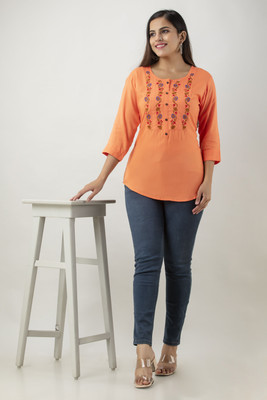 RR SA KURTIS Women Embroidered Straight Kurta(Orange)