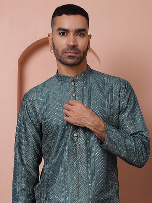 Jompers Men Embroidered Straight Kurta(Green)