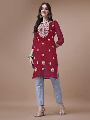 Anmi Chikan Embroidery Women Straight Kurta(Maroon)