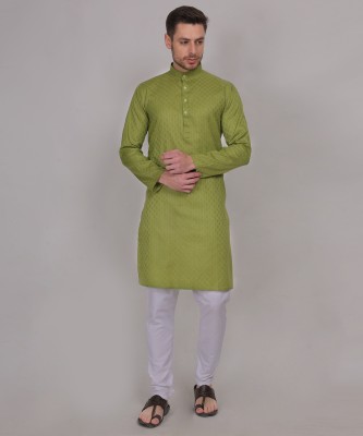 4U Fashion Men Self Design Straight Kurta(Green)