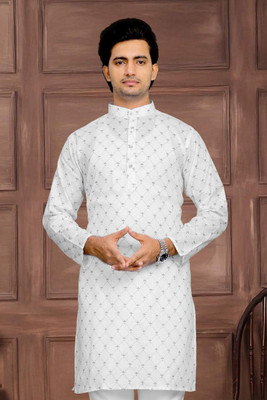 Nirwear creation Men Printed Straight Kurta(White)