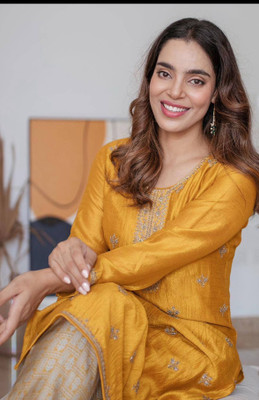 RARE THREAD Women Embroidered A-line Kurta(Yellow)