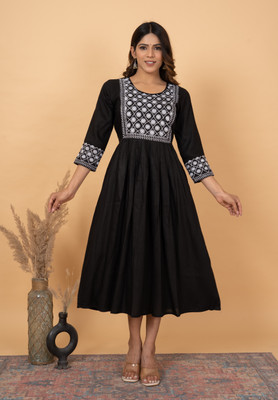 Fantasticss Women Embroidered A-line Kurta(Black, White)