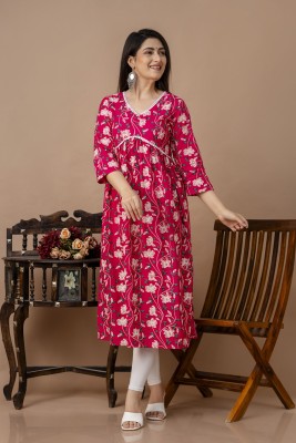 veshviti Women Floral Print Flared Kurta(Pink)