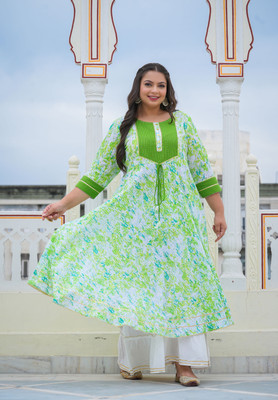 Yash Gallery Women Printed Anarkali Kurta(Green)
