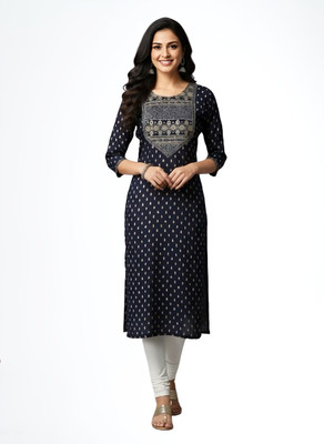 Freestyle Women Embroidered A-line Kurta(Dark Blue)