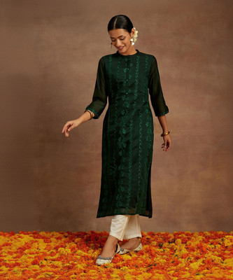 LIBAS Women Embroidered Straight Kurta(Green)