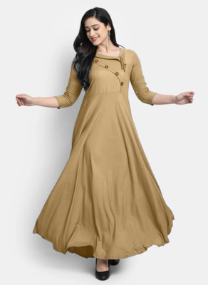 Puebell Women Solid Flared Kurta(Beige)