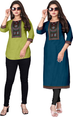 MAHADEVSQUARE Women Embroidered A-line Kurta(Light Green, Blue)