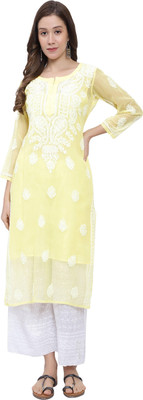 Neelam Chikan Women Chikan Embroidery Straight Kurta(Yellow)