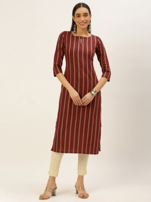Saanjh Women Striped, Printed Straight Kurta(Maroon)