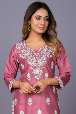 TIYASQA Women Chikan Embroidery A-line Kurta(Black)