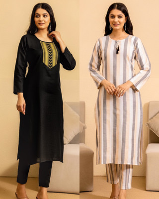 BILANZA Women Striped Straight Kurta(Black, Beige)
