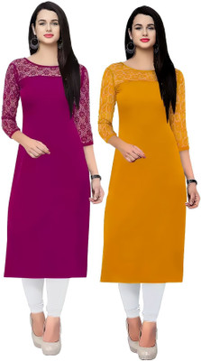 ZELZIS Women Solid Straight Kurta(Purple, Yellow)