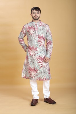 VISHESTA Men Printed Straight Kurta(Grey)