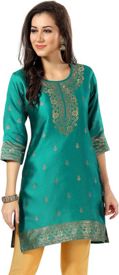 Divastri Women Woven Design Straight Kurta(Green)