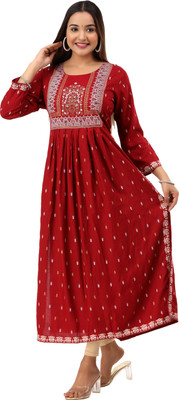 ASHRU Women Printed Frontslit Kurta(Maroon)