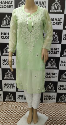 Hahatcloset Women Chikan Embroidery A-line Kurta(Light Green)