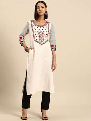 all about you Women Embroidered Straight Kurta(White)