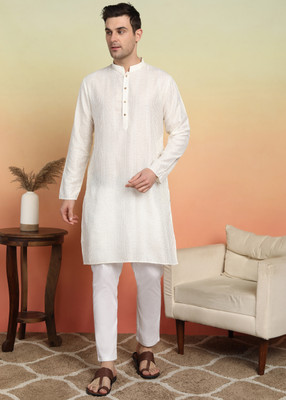 SWAGG INDIA Men Embroidered Straight Kurta(White)