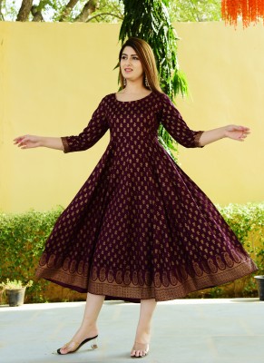 Khavas creations Women Printed Anarkali Kurta(Maroon)